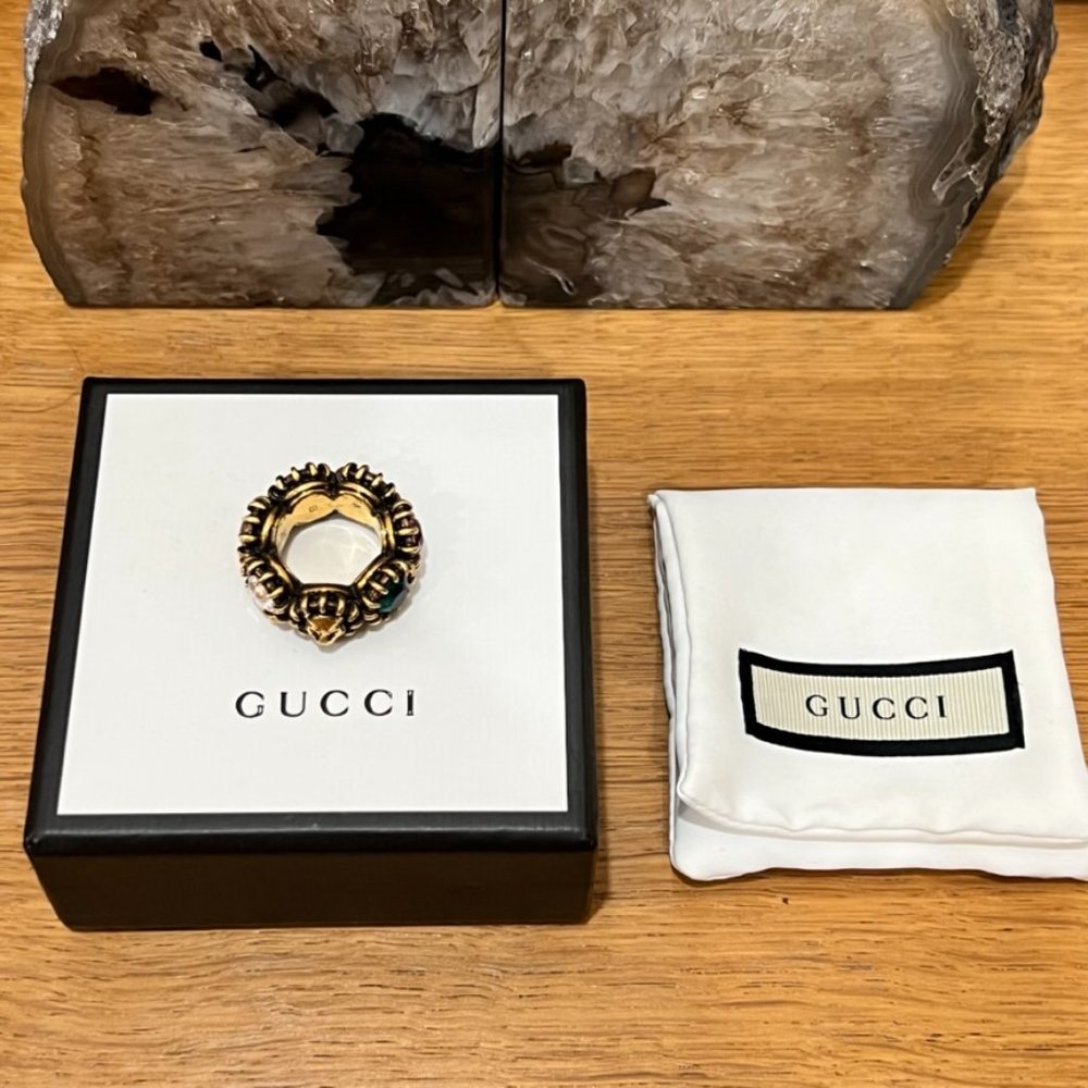 Gucci Aged Gold Tiger Head Multicolor Stones Infinity Stones Thanos Ring - Picture 2 of 15